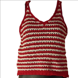 Freshman Red and White Striped Crochet Cropped Tank Top. Size Medium.